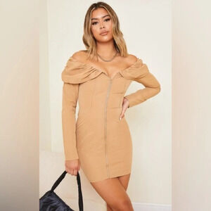 PLT • Camel Bardot Zip Front Shirt Bodycon Dress